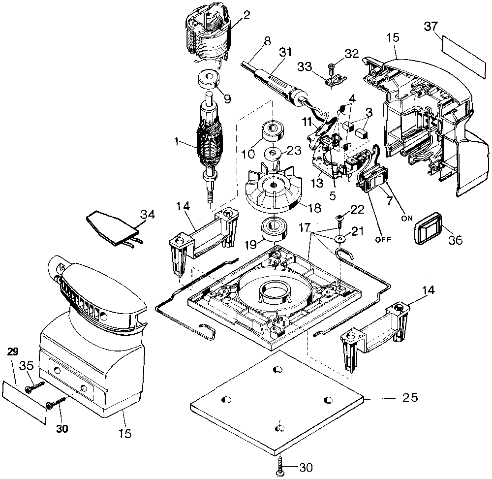 Exploded Diagram A Diagram and Parts List for 7441-25 Type 1 Black and Decker Orbital or Palm Sander